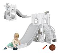 AIYAPLAY Toboggan pour Enfant 5 en 1 avec Panier de Basket, télescope, Espace de Rangement, Ballon et Escalade antidérapante, Aire de Jeux intérieur et extérieur pour garçons et Filles 1-3 Ans, Gris