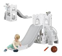 AIYAPLAY Toboggan pour Enfant 5 en 1 avec Panier de Basket Télescope Gris | Espace de Rangement, Ballon, Escalade Antidérapante, Aire de Jeux Intérieur et Extérieur, pour Garçons et Filles 1-3 Ans