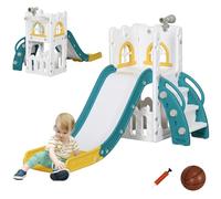 AIYAPLAY Toboggan pour Enfants 4 en 1 avec Panier de Basket, Escalade, télescope, Panier de Rangement, Toboggan intérieur pour Enfants de 1 à 3 Ans, 70 x 177 x 92 cm, Blanc et Vert