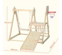 AIYAPLAY Toboggan pour Enfants 5 en 1 Structure d'Escalade avec Toboggan Balançoire Panier de Basket Planche Filet d'Escalade Naturel