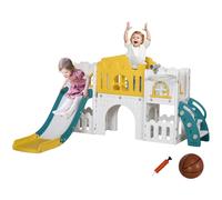AIYAPLAY Toboggan pour enfants, 7 en 1, Toboggan pour jeunes enfants avec panier de basket, structure d'escalade, télescope, tunnel, volant, marche sur plate-forme, panier de rangement， Kin