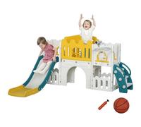 AIYAPLAY Toboggan pour Enfants, 7 en 1, Toboggan pour Jeunes Enfants avec Panier de Basket, Structure d'escalade, télescope, Tunnel, Volant, Marche sur Plate-Forme, Panier de Rangement， Aire de Jeux