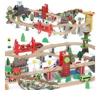 AIYAPLAY Train en bois, 100 pièces de train pour les enfants de plus de 3 ans, garçons et filles, jouets de chemin de fer en bois magnétique avec grue, pont, hélicoptère, cadeau inspiré des sciences