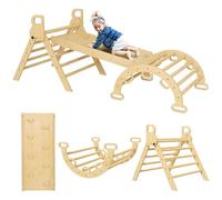 AIYAPLAY Triangle Arche d'escalade Enfants 5 en 1 avec Triangle d'escalade, Rampe réversible, Toboggan, Bascule, Charge maximale 50 kg, pour bébé 18-48 Mois, Effet Bois Naturel