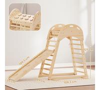 AIYAPLAY Triangle d'Escalade Montessori 6 en 1 avec Plateforme et Anneaux Structure d'Escalade en Bois avec Toboggan Naturel