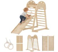 AIYAPLAY Triangle d'escalade Montessori 6 en 1, cadre d'escalade en bois avec plateforme, anneaux et toboggan, pour glisser ou grimper, pour les enfants de 18 à 48 mois, à l'intérieur, naturel