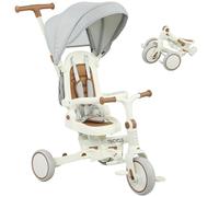 AIYAPLAY Tricycle 5 en 1 avec barre de poussée pour enfants de 1 à 3 ans, pliable, siège réversible, repose-pieds, toit pare-soleil extensible, sac de rangement, ceinture de sécurité, blanc crème