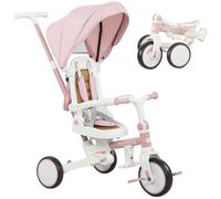 AIYAPLAY Tricycle 5 en 1 avec barre de poussée pour enfants de 1 à 3 ans, pliable, siège réversible, repose-pieds, toit pare-soleil extensible, sac de rangement, ceinture de sécurité, rose