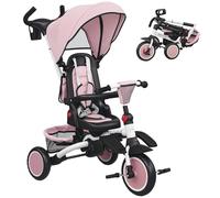 AIYAPLAY Tricycle bébé évolutif 6 en 1, Tricycle Enfant Pliable avec poignée parentale réglable et Capote Amovible, siège pivotant 360°, Poussette bébé avec Harnais de sécurité, Panier et Sac, Rose
