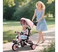 AIYAPLAY Tricycle bébé évolutif 6 en 1, tricycle enfant pliable avec poignée parentale réglable, siège pivotant 360°, rose