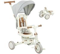 AIYAPLAY Tricycle Bébé Évolutif 5 en 1 pour 1-3 Ans Crème | Tricycle Enfant Pliable, Poignée Parentale Réglable, Capote Amovible, Harnais Sécurité 5 Points, Repose-Pieds, Sac Rangement