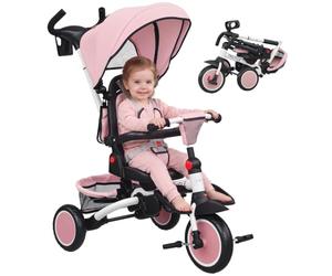 AIYAPLAY Tricycle Bébé Évolutif 6 en 1 Pliable Siège Pivotant 360° Rose | Poignée Parentale Réglable, Capote Amovible, Poussette Bébé, Harnais De Sécurité, Panier et Sac