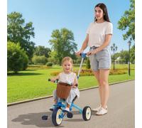 AIYAPLAY Tricycle pour bébés 2 en 1 pour 2-5 ans avec barre parentale, pédales antidérapantes, repose-pieds pliables et panier bleu