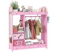 AIYAPLAY Tringle à vêtements pour enfants, armoire avec miroir, étagères, boîtes de rangement en tissu et crochets latéraux, rangement pour vêtements pour chambre de fille, chambre d'enfant, rose