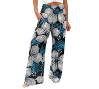 AIYINIY Palazzo Pantalon pour femme avec poches imprimées décontractées, taille élastique, confortable, droit, ample, classique et léger, pour yoga, fitness, course à pied (bleu marine-2, XL)