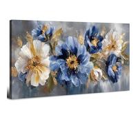 AIYISU Art Mural Fleurs Bleues et Dorées, Abstrait Bleu Marine et Blanc Images Florales pour Salon Art Mural, Impression sur Toile Florales, Tableau Esthétiques Modernes pour Chambre 50,8 x 101,6 cm