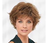AIYLMZ Perruque courte ondulée marron pour femme avec frange coupée au rasoir, perruque synthétique bouclée en couches, coupe lutin, résistante à la chaleur, pour Halloween, cosplay, cheveux naturels