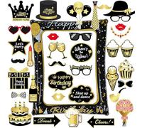 AIYONG 36 Pcs Accessoire de Photobooth de Fête, Cadre Photobooth Anniversaire, Kit Cadre Photo Or Noir Photo Gonflable, Cadre Selfie Anniversaire, Decoration Anniversaire (Unisexe)