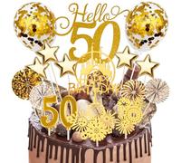 AIYONG 50 Ans Décoration Gâteau Anniversaire, 17 Pièces Joyeux Anniversaire Cake Topper, Happy Birthday pour Femme et Homme - Avec Bougie Chiffre (Or)