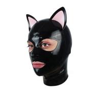 AIYOUBRS Cagoule en Latex avec Des Oreilles de Chat Masque en Latex Hood with Zipper SM Masque de bondage Complet Fétiche pour Couple(Size:XL-70CM)
