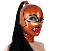 AIYOUBRS Cagoule en Latex Orange avec Perruque Bordure Noire Masque Fétichiste nez Ouvert Yeux Bouche Fermeture éclair Dans le Dos Fétichisme BDSM(Size:L-68CM)