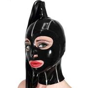 AIYOUBRS Cagoules en Latex avec des Streamers Noir Masque en Caoutchouc Faite Main SM Fétichiste Club Cosplay Unisexe(Size:XL-70CM)