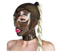 AIYOUBRS Masque en Latex Sexy SM avec Capuche en Caoutchouc et Longue Queue de Cheval pour Club Fétichiste Bal Cosplay Fête(Size:XXL-73CM)