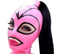 AIYOUBRS Rose Sexy Chapeau en Latex Masque Complet Narine Ouverte Contrôle De La Respiration BDSM Fétichiste avec Perruque(Size:M-65CM)