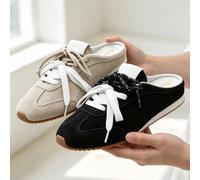 AIYUQI - pantoufles en cuir véritable pour femmes, chaussures plates à bout fermé avec pompon, grande taille, chaussures à enfiler, mules pour femmes, nouvelle collection 2026 noir