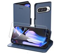Aiziki Coque pour Google Pixel 9 Pro XL, Flip Case+1 Verre trempé，Etui Protection Housse Premium en Cuir PU, [Pochette de Portefeuille] [Fermeture Magnétique] [Etui à Rabat]- Bleu