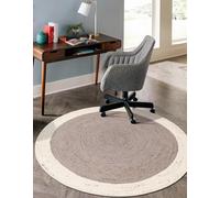 Aizza Trends Tapis en jute naturelle tressé fait à la main avec bordure blanche indienne et intérieur gris, taille salon - 150 cm x 150 cm rond (5 x 5 pieds)