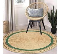 Aizza Trends Tapis en jute tissé à la main respectueux de l'environnement avec cadre vert bicolore - Tapis de sol rustique tissé à la main pour intérieur de maison - Rond de 152 cm x 152 cm