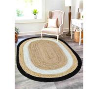 Aizza Trends Tapis ovale en jute naturelle tressé à la main - Décoration rustique pour salon, salle à manger et chambre à coucher - Noir et blanc - 1,5 x 2,1 m