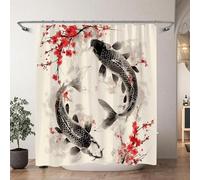 AJALGZ Rideau de Douche avec Peinture à l'encre de Koi Japonaise Chinoise, Rouge, Fleur de Cerisier, Vague, Aquarelle, Peinture de Poisson, Rideaux de Bain 170x200 cm (L x H)-200 cm de Longueur