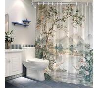 AJALGZ Rideau de Douche Paysage Chinois avec Cascade, forêt et Montagnes - Art Traditionnel représentant des Fleurs épanouies et des Montagnes brumeuses (250 x 175 cm/Anti-moisissure)