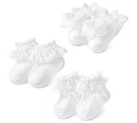 Ajcotahm Lot de 3 paires de chaussettes en dentelle à volants pour bébé - Blanches - Antidérapantes - Simples à volants - Robe de baptême pour bébé