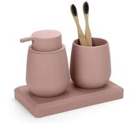 AJEUNGAIN Ensemble Salle de Bain Accessoire Rose, Organisateur Salle de Bain 3 Pièces - Distributeur Savon, Porte Brosse a Dent, Plateau (Rose)