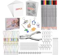 Ajfwm Lot de 208 feuilles en plastique thermorétractable, contient 30 feuilles de papier rétractable, perforatrice, 165 accessoires porte-clés et 12 crayons, pour décorations d'Halloween ou loisirs