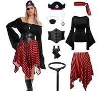 AJGEGJE Costume de pirate pour femme, ensemble de robe de pirate avec haut de pirate, jupe, foulard de pirate, ceinture, collier, pour Halloween, carnaval, cosplay (Noir, S)