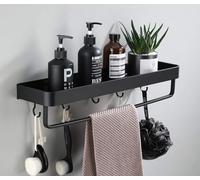 Étagère de rangement murale flottante en métal noir pour salle de bain - Économie d'espace - Antirouille - Extra solide - Avec 6 crochets et barre (40 cm)