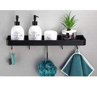 AJINGELA Étagère murale en métal flottante - Noir - Étagère de salle de bain murale avec rebord - Économise de l'espace - Antirouille - Extra forte - Étagères flottantes de rangement avec 6 crochets