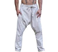 AJJAYA Pantalon pour Hommes Beige Afghani Harem Drop Entrejambe, primitif Fait à la Main Confortable Yoga Gitan Boho Alibaba alladdin Festival Goa Deux Poches