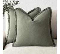 AJMDGW Lot de 2 housses de coussin lombaires décoratives en lin à franges - Housse de coussin bohème avec pompons - Taie d'oreiller douce for canapé, lit, salon, décoration d'intérieur(Olive Green,24"