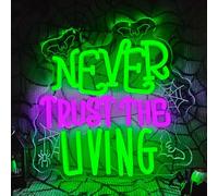 Ajoyferris Panneau néon d'Halloween « Never Trust The Living » à intensité variable pour décoration murale - Pierre tombale - LED - Style gothique - Maison hantée - Pour fenêtres, décoration de fête