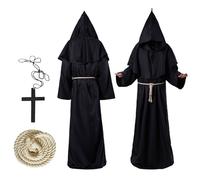Ajuanbazha Deguisement Moine, Déguisement Pretre avec Capuche Ceinture et Croix, Déguisement Médiéval Homme, Pretre Costume pour Halloween, Cosplay (XL)