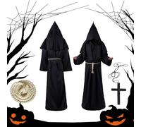 Ajuanbazha Deguisement Moine, Déguisement Pretre avec Capuche Ceinture et Croix, Déguisement Médiéval Homme, Pretre Costume pour Halloween, Cosplay (L)