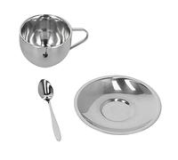 AJUNJIIL pour 3 pc/fixé pour l'acier inoxydable pour une tasse de café à double paroi isolée avec soucoupe et cuillère pour boire du thé au lait (Milan Double Layer Set-180 ml)