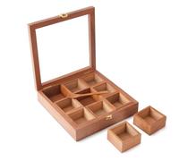 Ajuny Bois Boîte À Épices Couvercle Verre 9 Fixé Compartiments & Cuillère | Fait À La Main Masala Dabba Boîte De Rangement Pour Vos Cuisine Herbes Condiments Sachets De Thé Dosettes De Café 9x9 Pouces