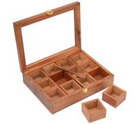 Ajuny Bois Boîte À Épices Couvercle Verre en Haut 12 Compartiments Cuillère | Fait À La Main Masala Dabba Boîte De Rangement Pour Vos Cuisine Herbes Condiments Sachets De Thé Dosettes De Café 10x7 Pouces
