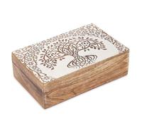 Ajuny Boîte à Bijoux en Bois de Manguier Sculptée - Motif Arbre de Vie blanc/marron, 20 x 13 x 6 cm - Coffret Décoratif, Organisateur de Voyage & Souvenirs, Porte Montres, Idée Cadeau
